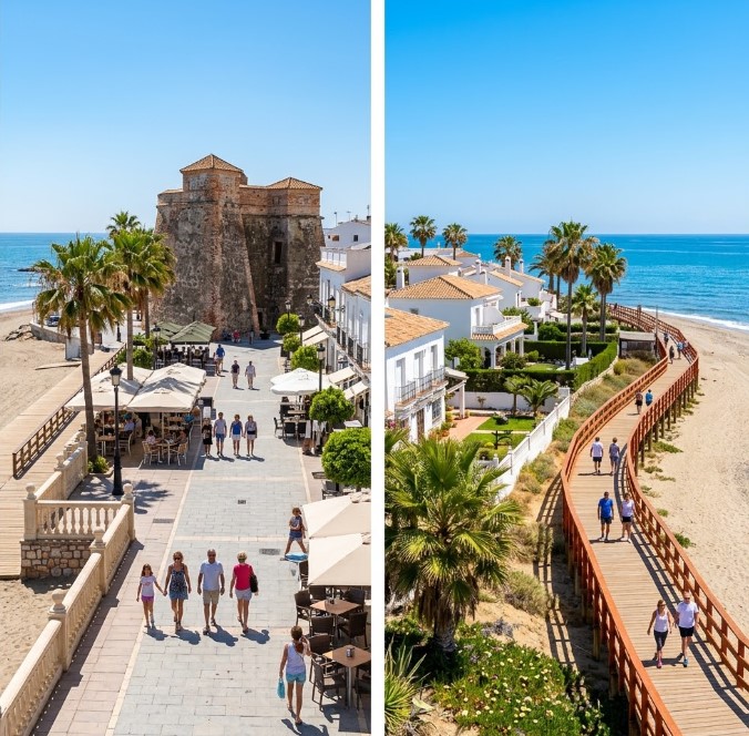 Vistas del Torreón, la playa, la Senda Litoral y las urbanizaciones de La Cala de Mijas en Málaga